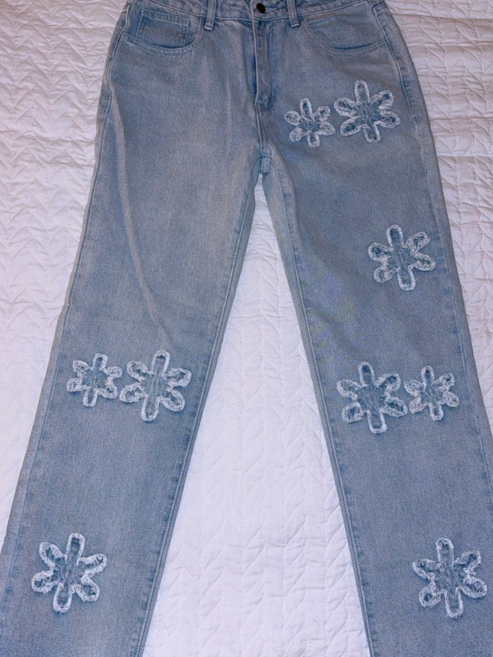 Light Blue Floral-Appliqué Straight-Leg Jeans - Picture 8 of 15